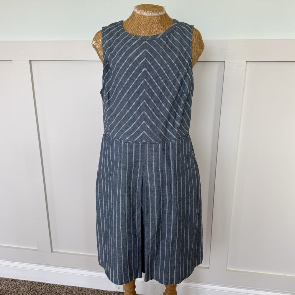 J. Crew Chevron Striped Dress Size 14 Blue White Cotton Cut Out Back Lined